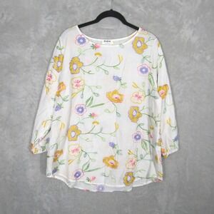 Kindred Top Womens XL White Floral Embroidered Boho Blouse 3/4 Sleeve Scoop Neck
